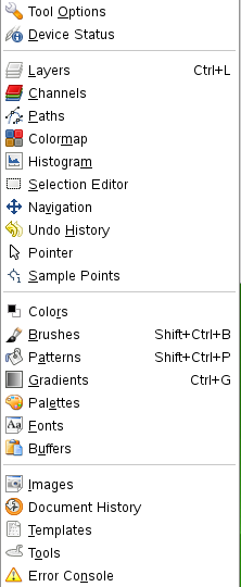 The Dockable Dialogs list