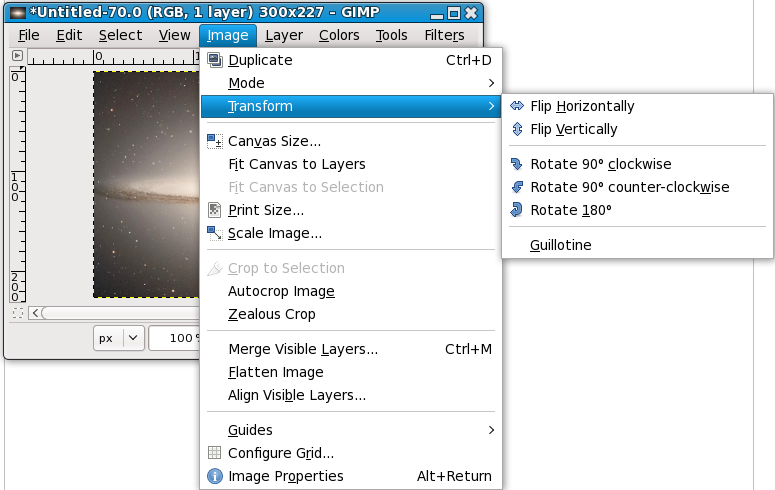 Меню для Поворота изображения